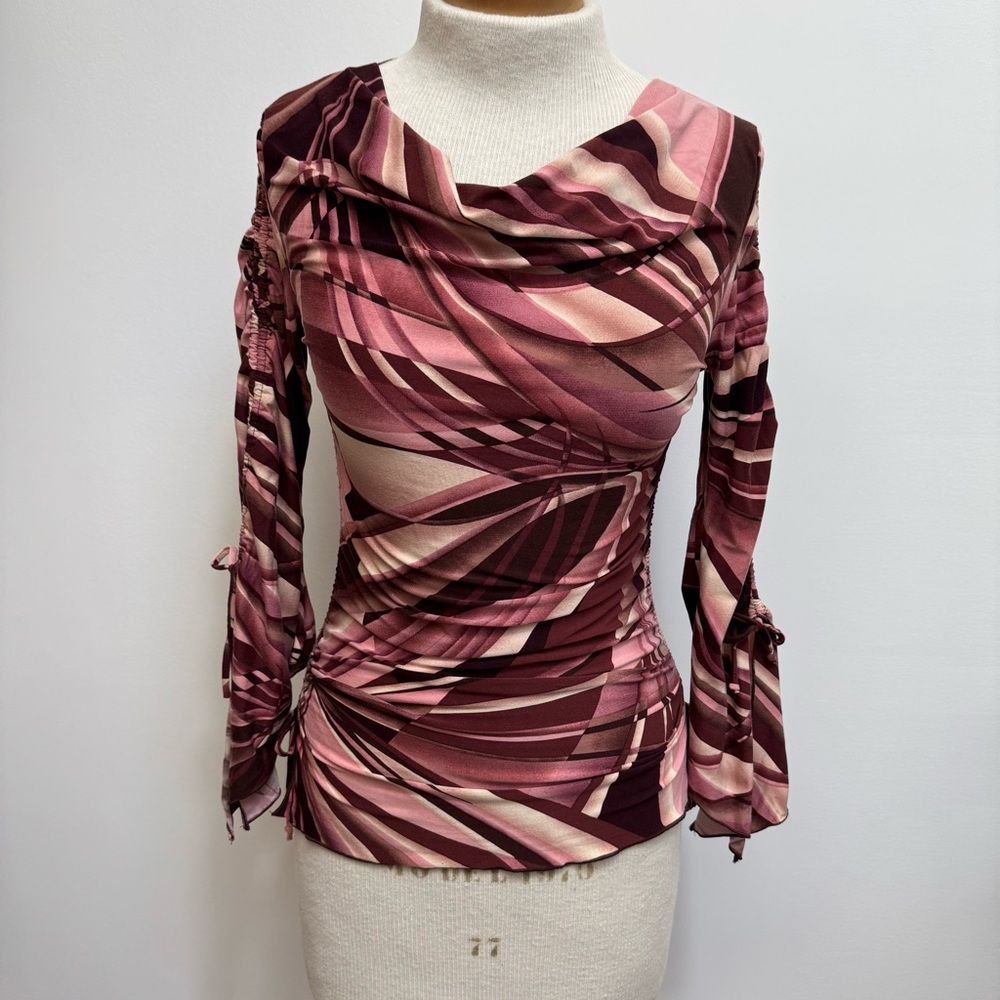 Classy- Vintage Pink and Burgundy Abstract Ruched Tie-Sleeve Blouse-Y2K - Picture 2 of 13